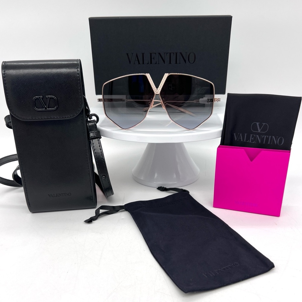 Valentino Titanium Gold Hexagonal Sunglasses With Crossbody Case NWT